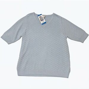 Ella Moss V-Neck Waffle Knit Sweater Light Blue Short Sleeve Women's Large